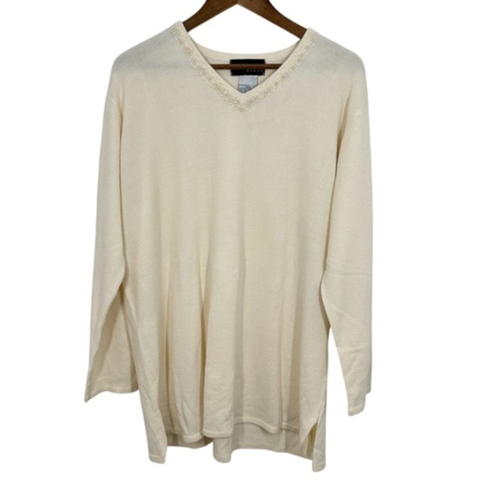 Vintage Sag Harbor Cream V Neck Long Sleeve Beaded Embellished Sweater Granny